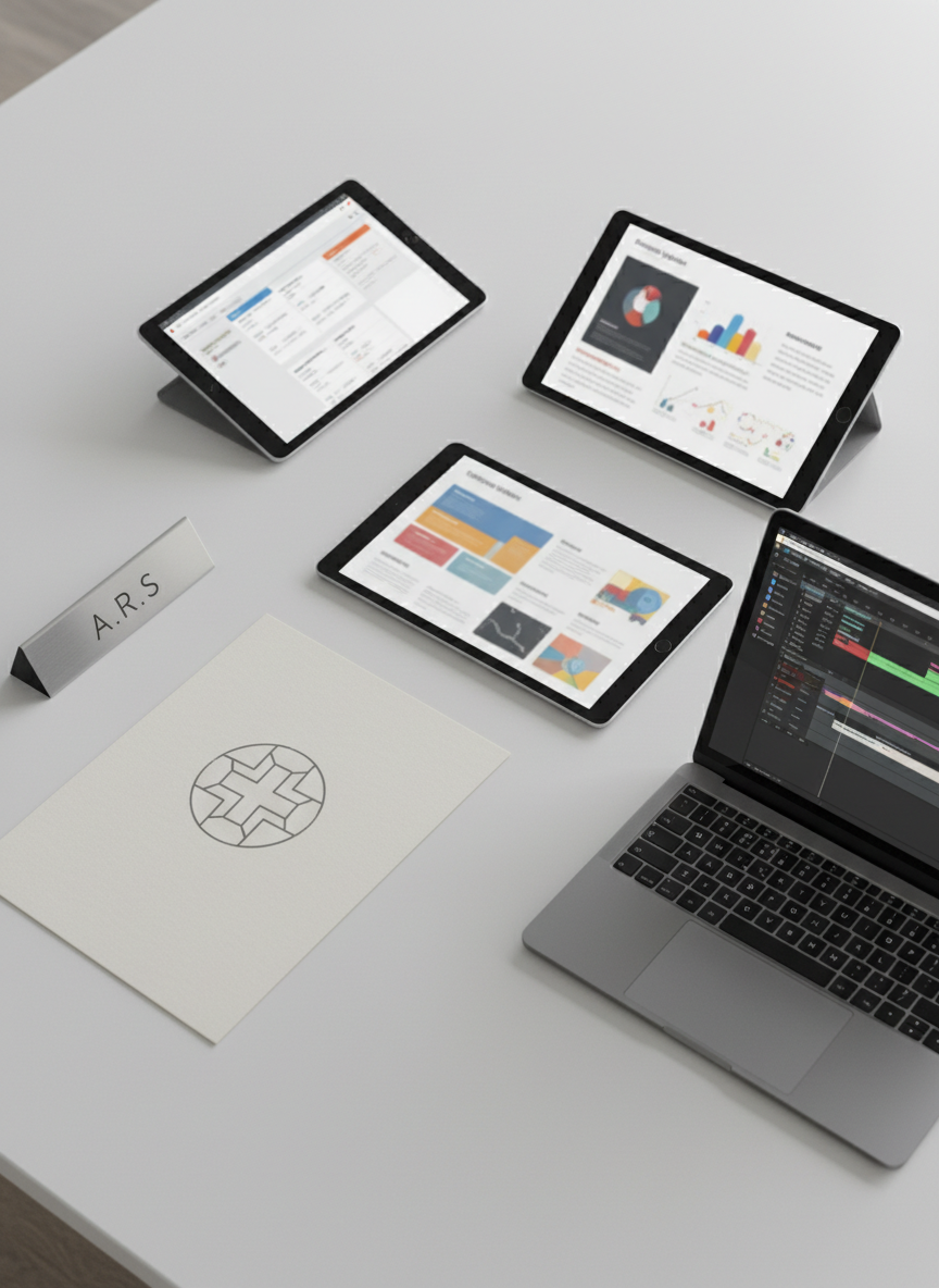 An elegant portfolio overview scene arranged on a large, matte white table, with no people visible. Carefully placed tablets and thin laptops display different facets of an academic career: a structured CV layout, abstracted course syllabi, a research poster design, and video editing software timelines, all subtly blurred to avoid readable text. A simple metallic nameplate labeled only with initials sits beside a minimalist logo on high-quality paper. Overhead diffused lighting creates soft, shadowless illumination, emphasizing clarity and order. Shot from a slightly elevated angle with sharp focus throughout, the image has a clean, modern, photographic realism style, projecting professionalism and long-term experience in technology, education, and multimedia.