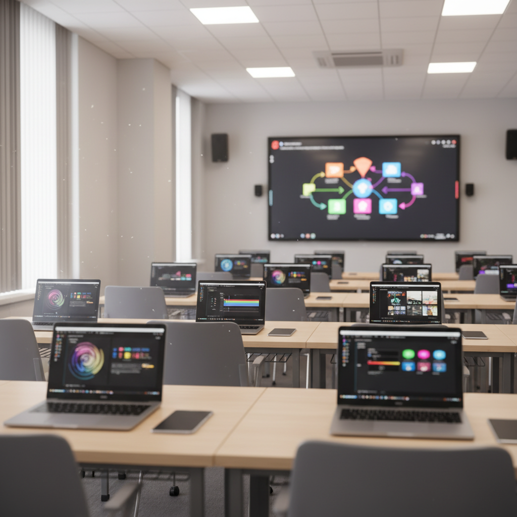 A quiet, technology-enhanced classroom environment without any people, arranged to highlight teaching in media and technology. Rows of slim laptops and tablets sit on light maple desks, each screen showing abstract interfaces of design software, video editing timelines, and educational platforms, gently blurred. At the front, a large wall-mounted display presents a colorful, conceptual diagram about multimedia learning, also non-textual. Soft daylight streams through tall windows on one side, complemented by subtle overhead lighting, creating a bright, inviting atmosphere. Photographic realism from a wide, eye-level perspective captures the full room with moderate depth of field, emphasizing a professional, forward-thinking, and student-centered teaching space.