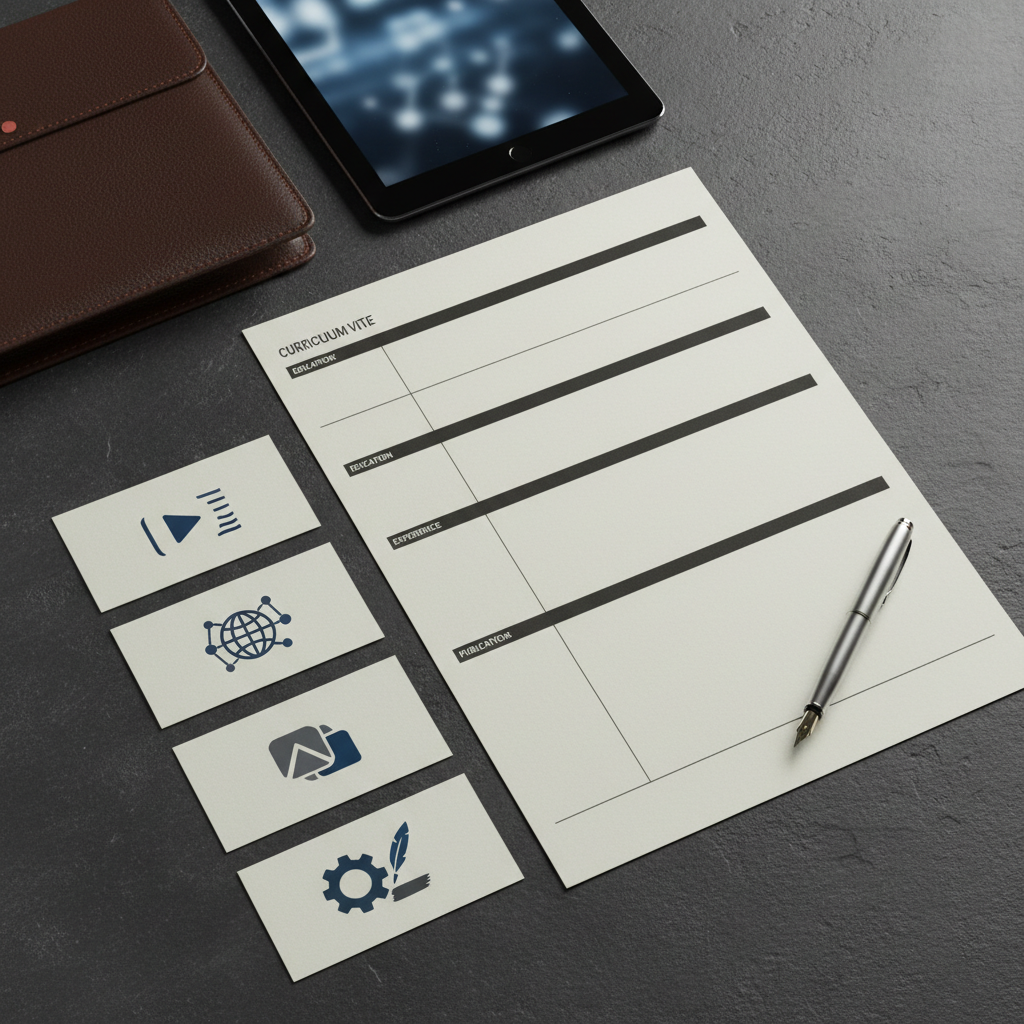 A sophisticated, text-free academic resume concept laid out on a dark slate surface, with no people present. A crisp, ivory-colored sheet with structured columns and clean lines symbolizes a CV, accompanied by several smaller cards containing icon-like representations of skills in video, web design, graphic design, and technical writing—simple geometric shapes and diagrams instead of readable words. A slim metallic pen, a closed leather portfolio, and a minimalist tablet with a blurred interface complete the arrangement. Soft directional studio lighting from the top right casts gentle, controlled shadows, emphasizing texture and professionalism. Photographic realism, shot from directly above with balanced composition, evokes precision, experience, and attention to detail in an academic and creative career.