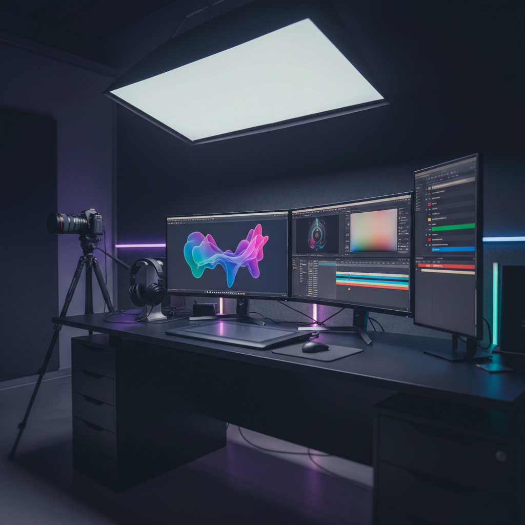 A creative multimedia production studio with no people, designed to represent over two decades of experience in video, animation, and design. On a long black workstation, dual ultra-wide monitors show abstract 3D animation scenes and color grading tools, while a nearby monitor displays a timeline of a video project, all details tastefully blurred. A professional DSLR camera on a tripod, studio headphones, and a graphic tablet with stylus rest neatly arranged. Subtle RGB accent lighting around the desk contrasts with a soft, cool overhead studio light, creating reflections on the matte surfaces. Photographic realism, captured from a three-quarter angle with a shallow depth of field, produces a focused, high-end, cinematic atmosphere of serious creative work.