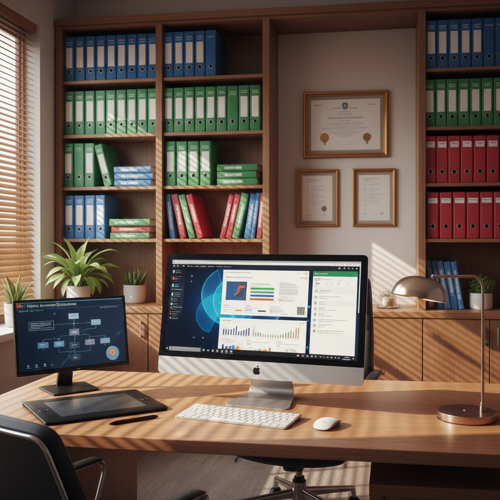 A calm, high-tech university office setting with no human presence, suggesting an established educator in multimedia and technology. A large wooden desk supports an all-in-one desktop computer showing an abstract learning management system dashboard, gently blurred. Surrounding shelves hold color-coded binders, academic-style journals, and a few framed, text-free certificates with simple seals and borders. A digital drawing tablet and a small external monitor showing a conceptual flowchart about digital learning sit neatly on the desk. Warm afternoon sunlight filters through venetian blinds, creating soft linear patterns across the workspace, supplemented by a subtle desk lamp glow. Photographic realism, captured at eye level with moderate depth of field, conveys stability, professionalism, and scholarly achievement.